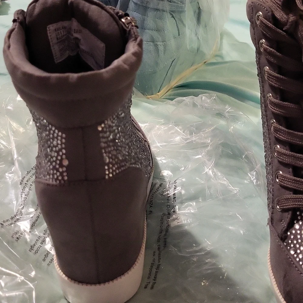Kailani Wedge High-Top Sneakers with Rhinestone Detail - Grey